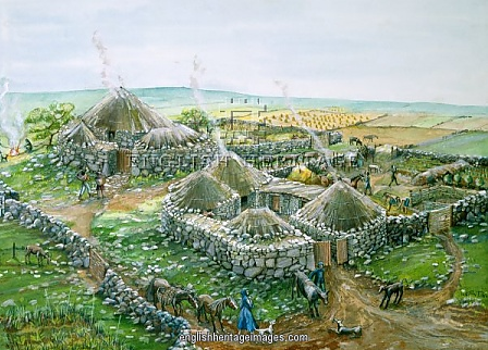 Ilustração de Judith Dobie retratando uma aldeia celta/ A celtic settlement, by Judith Dobie
