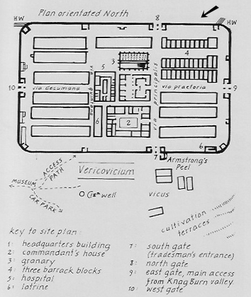 Planta baixa de Housesteads. A seta indica por onde cheguei. Housesteads' floorplan. The arrow indicates my way in