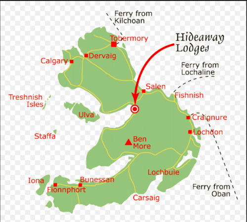 Mapa da Ilha. De Fionnphort a Craignure são mais de 70 km. / 35 miles from Fionnphort to Craignure.